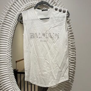 Balmain White Sleeveless Tee with Silver Button Accents Sz. FR36 NWOT